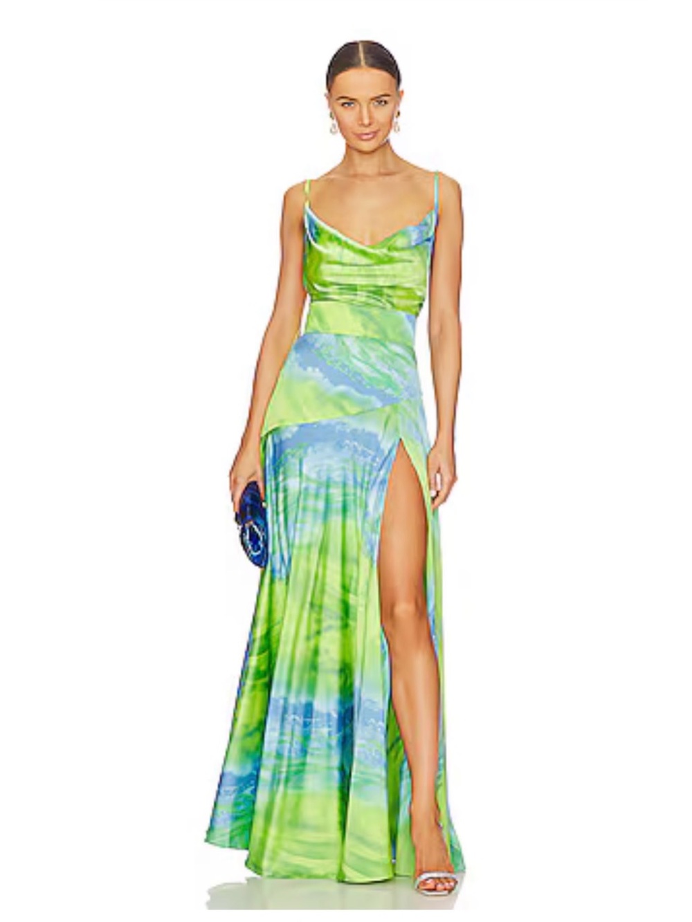 Bronx and Banco Green and Blue Tie-Dye Satin High-Slit Slip Maxi Dress